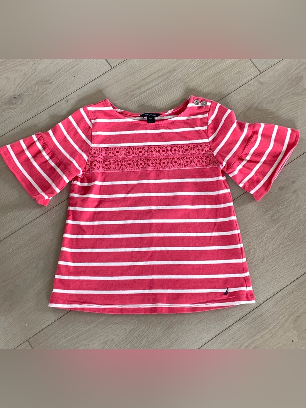 Girls NAUTICA Short Sleeve Shirt Sz 7 Pink/White Stripe Embroidered 100% Cotton